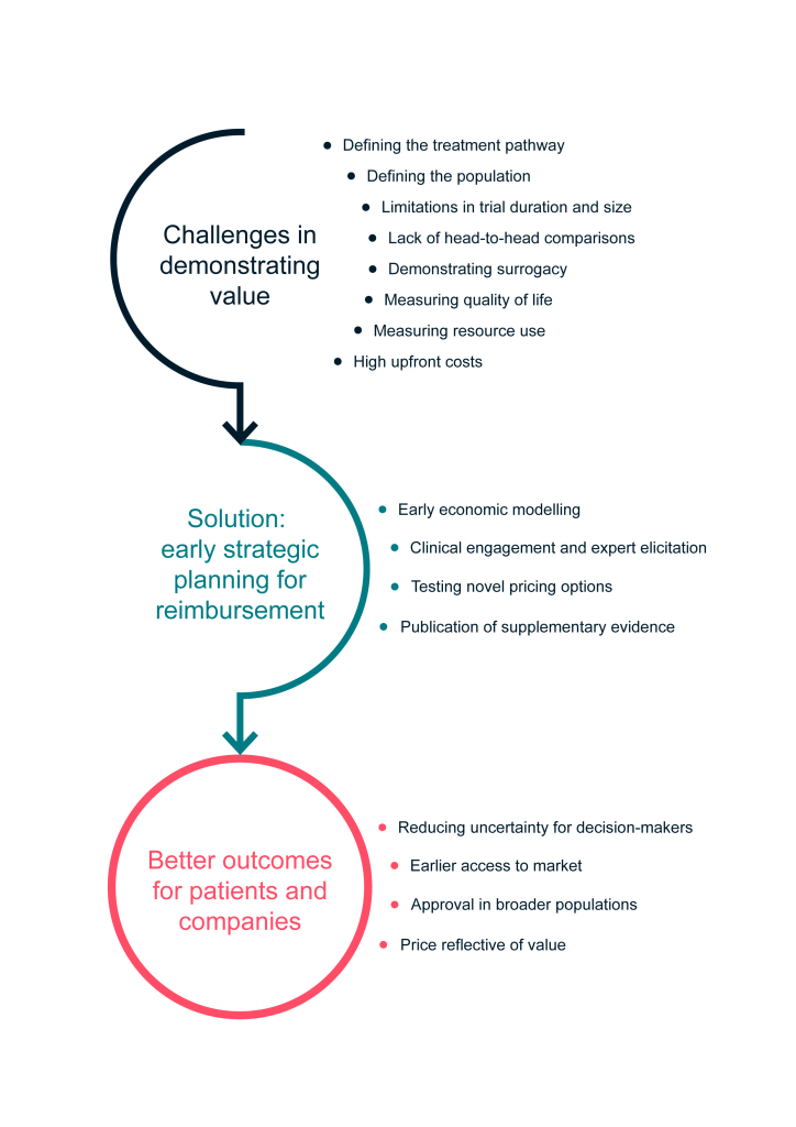 Figure showing some of the challenges and solutions for demonstrating the value of rare diseases. These are covered throughout the white paper.