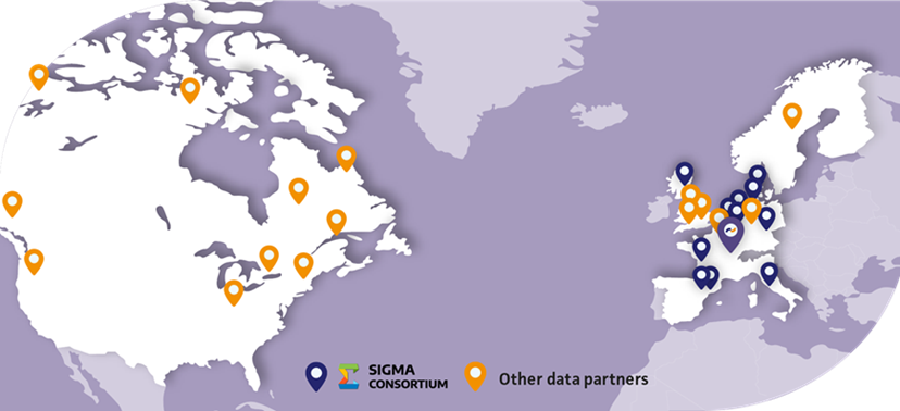 Lumanity global partner data network, map focused on North America, UK and Europe, showing pinned sites across the two continents, split between the Sigma Consortium and other data partners.