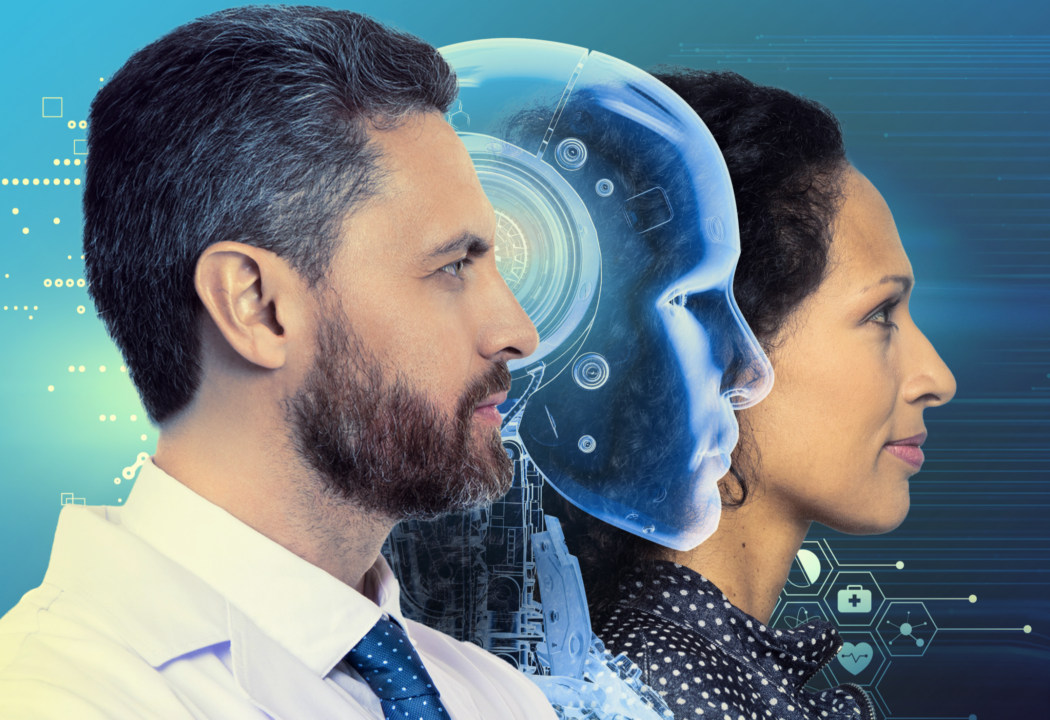 A doctor and patient facing in the same direction, with a humanoid android figure representing AI between them